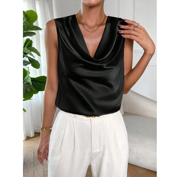 Satin Draped Cowl Neck Sleeveless Blouse Black - Picture 2 of 8